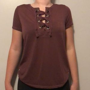 purple short sleeve lace up top